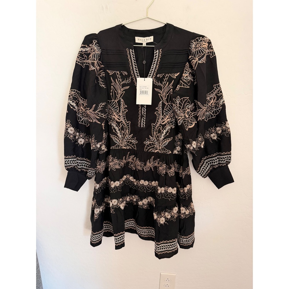 Hale Bob Luna Dress Embroidered Boho Cottagecore Tiered Long Sleeve Womens XS
